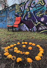 Berlin  Deutschland  Smilie gelegt aus Apfelsinen vor einer mit Grafitti bespruehten Holzwand