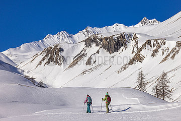 Frankreich. Hautes-Alpes (05) Nationalpark Ecrins  Skigebiet von Serre Chevalier  Schneeschuhwandern in einer Höhe von mehr als 2000 m mit Rachel Bourg  Mid-Mountain-Guide  der dem mythischen Gipfel von La Meije gegenüberliegt