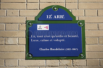 Frankreich. Paris (75) (12. Bezirk). Plakette für die Charles Baudelaire Street