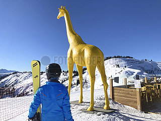Frankreich  Savoie (73) La Giettaz Skigebiet (Combloux / Megeve). Bergrestaurant La Girafe