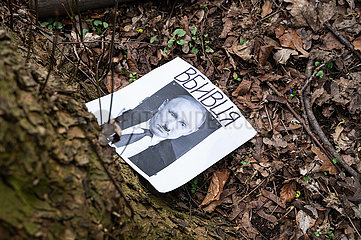 Berlin  Deutschland  Protestplakat mit Abbildung von Praesident Putin mit einem Hitlerbart liegt auf dem Boden im Tiergarten