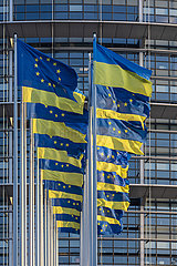 FRANCE  Alsace  Bas-Rhin (67) Strasbourg  European and Ukrainian flags in front of the European Parliament