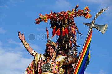 Peru. Cuzco. Sacsayhuaman Fortress. The Inti Raymi festival. Inca religious ceremony in honor of Inti  the sun father. It marks the winter solstice in the Andean countries of the southern hemisphere.