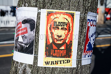 Berlin  Deutschland  Protestplakat mit Abbildung von Praesident Putin und der Aufschrift Wanted an einem Baum vor der Russischen Botschaft