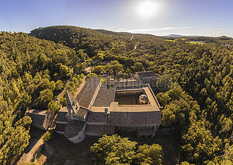 FRANCE. PROVENCE. VAR (83) AERIAL VIEW OF THORONET ABBEY. BUILT BETWEEN 1160 AND 1230  IT IS ONE OF THE THREE CISTERCIAN ABBEYES IN PROVENCE. LISTED AS A HISTORICAL MONUMENT  IT HAS BENEFITED FROM PARTICULARLY SIGNIFICANT RESTORATION WORK