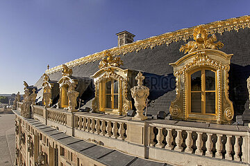 France. Yvelines (78) Chateau de Versailles - Cour de Marbre: Since 2003  the renovation carried out within the framework of the Grand Versailles has given back to the ridge ornament (fully restored) their former glory