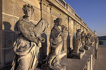 France. Yvelines (78) Palace of Versailles - Aile du Midi  west facade: aerial picture of a set of statues  goddesses  dedicated to the arts of music. In the middle  statue of Euterpe playing the flute