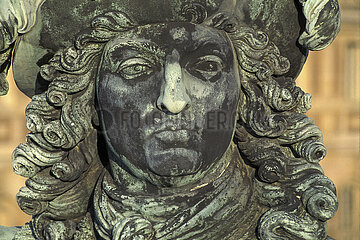 France. Yvelines (78) Palace of Versailles: detail of the equestrian statue of Louis XIV. Portrait of the King