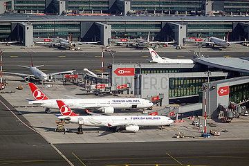 Istanbul  Tuerkei  Flugzeuge der Turkish Airlines vor dem Terminal des Istanbul Airport