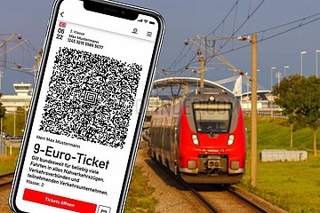 9-Euro-Ticket 9 Euro Ticket auf Handy mit Regionalbahn Regionalzug Fotomontage in München  Deutschland