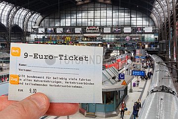 9-Euro-Ticket 9 Euro Ticket Fotomontage im Bahnhof Hauptbahnhof Hamburg  Deutschland