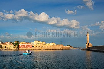 Boat in picturesque old port of Chania  Crete island. Greece