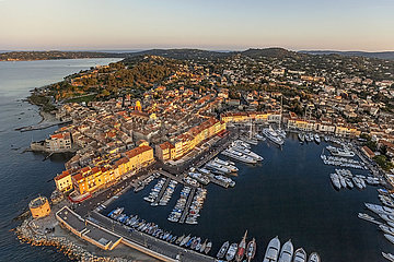 France. Provence. Var (83) Saint-Tropez. Aerial view of the port and the historic center from the North West. In the background  the bay of Canebiers