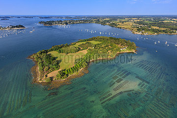 FRANCE. BRITTANY. MORBIHAN (56) MORBIHAN GULF. AERIAL VIEW OF IRUS ISLAND. OYSTERS CULTURE