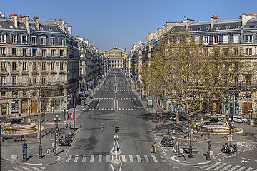 Frankreich. Paris (75) April 2020. dritte Haftwoche aufgrund der Coronavirus -Epidemie. Hier ist die Avenue de l'opera vom Place du Palais Royal. Im Hintergrund die Oper garni