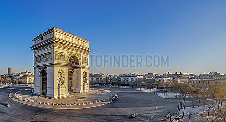 France. Paris (75) April 2  2020. Third week of confinement due to the Coronavirus epidemic. Aerial view of the Place de l'Etoile and the Arc de Triomphe
