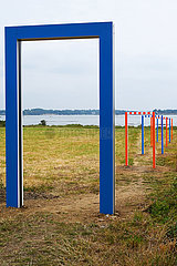 France. Brittany. Morbihan (56) Island of Arz. Pennero. One of the works of the ephemeral exhibition Au detour des routes et des chemins by the famous visual artist Daniel Buren  installed on the island until November 2023
