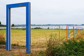 France. Brittany. Morbihan (56) Island of Arz. Pennero. One of the works of the ephemeral exhibition Au detour des routes et des chemins by the famous visual artist Daniel Buren  installed on the island until November 2023