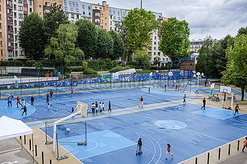 France. Paris (75) 10th district. As part of Olympic Day 2022  activities on the sports field of the sports center of La Grange-aux-Belles