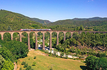 France;. Occitany. Gard (30) Cevennes National Park. Aerial view of the Chamborigaud viaduct (1865)  a work of art classified as a Historic Monument spanning the green Luech Valley