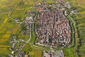 FRANCE. ALSACE. HAUT RHIN (68) WINE ROUTES  AERIAL VIEW OF THE FORTIFIED VILLAGE OF BERGHEIM  LABELED AS ONE OF THE MOST BEAUTIFUL VILLAGES IN FRANCE