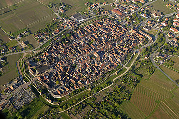 FRANCE. ALSACE. HAUT RHIN (68) WINE ROUTES  AERIAL VIEW OF THE FORTIFIED VILLAGE OF BERGHEIM  LABELED AS ONE OF THE MOST BEAUTIFUL VILLAGES IN FRANCE