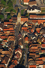 FRANCE. ALSACE. HAUT RHIN (68) WINE ROUTES  AERIAL VIEW OF THE FORTIFIED VILLAGE OF BERGHEIM  LABELED AS ONE OF THE MOST BEAUTIFUL VILLAGES IN FRANCE. HIGH DOOR