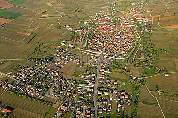 FRANCE. ALSACE. HAUT RHIN (68) WINE ROUTES  AERIAL VIEW OF THE FORTIFIED VILLAGE OF BERGHEIM  LABELED AS ONE OF THE MOST BEAUTIFUL VILLAGES IN FRANCE. HIGH DOOR