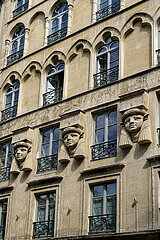 France. Paris (75) (2th district) Le Caire square : Egyptian house whose facade is adorned with 3 sculpted heads of the goddess Hathor (architect: Gabriel Joseph Garraud)