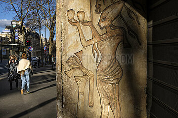 France. Paris (75) (5th district) Reproduction of a bas-relief from ancient Egypt at the entrance to the Egyptian cultural center  Saint-Michel boulevard