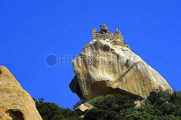 Frankreich  Corse-du-sud (2A) Roccapina  Küstenkonservatorium. Der Löwe von Roccapina (Felsen) und die Ruinen des Wachtturms oben