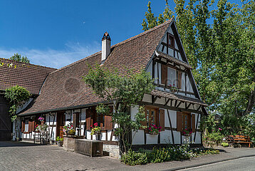Frankreich. Elsass. Bas-Rhin (67) Dorf Hunspach (eines der schönsten Dörfer in Frankreich). Typisches Dorf Outre-Foret  das am schönsten französischen Dorf im Jahr 2020 gewählt wurde