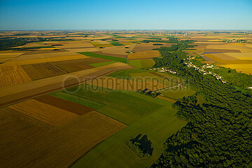 France  Essonne (91)  Garsenval  aerial view of the cereal plains of the Beauce in early summer before the harvest and the forest valley of the Marette
