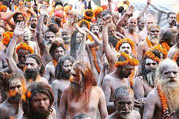 Indien  Uttar Pradesh State  Allahabad (Prayag) Gruppe von Sadhus beim Kumbha Mela 2013. Kumbha Mela Hindu Festival  2013  tritt alle 12 Jahre vor