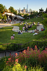 United States  New York City  Manhattan  West Village. Little Island public park with view of the World Trade Center. Artificial elevated park in the Meatpacking District at Hudson River Park (Pier 55)