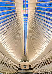 United States  New York  Lower Manhattan. At the foot of the One World Trade Center tower  the most futuristic station in New York: the Oculus and its new Westfield World Trade Center shopping center (architect: Santiago Calatrava). The Oculus replaced the old PATH (Port Authority Trans-Hudson) station  destroyed during the attacks of September 11  2001 and the collapse of the World Trade Center towers.