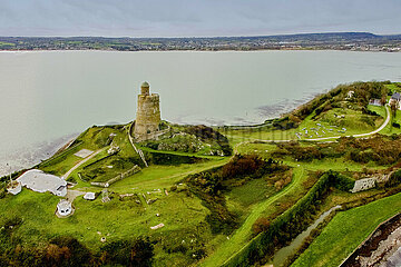 France - Normandy. Manche (50) The Vauban towers of Saint-Vaast-la-Hougue and Tatihouu  coastal observatories. Here  aerial view of the observatory tower of Saint-Vaast-la-Hougue  with the peninsula