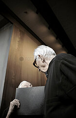 FRANCE. AVEYRON (12) RODEZ  MUSEUM SOULAGES. PIERRE SOULAGES AND HIS WIFE WHO IS HIDDEN. PRESS CONFERENCE  THE APRIL 11  2014