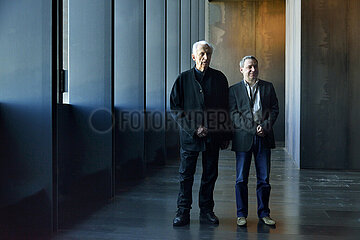 France  Aveyron (12) Rodez. Musée Soulages. Pierre Soulages and Benoit Decron  Curator of the mluseum  walking in the museum.