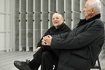 ATTENTION EMBARGO sur toute publication en FRANCE  jusqu'au 31 mai 2014 - France. Aveyron (12) Rodez. Pierre Soulages french artist with his wife  Colette Soulages  in Soulages museum whose opening is scheduled for late May 2014 (designed by the Catalan architect CPR). Major figure of the abstract art  french artist Pierre Soulages is one of the most renowned artists in the world. Pierre Soulages has given to Rodez museum his world's largest collection  later having bequeathed to his hometown  more than 500 works  all the techniques employed during his career: paintings  etchings  serigraphs   lithographs
