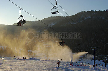 France. Vosges (88) La Bresse ski resort  Vologne chairlift and snow cannon