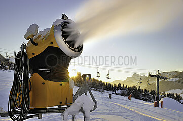 France. Alps. Haute-Savoie (74) Pays du Mont-Blanc. Megeve. Preparations for the station before opening of the Rochebrune sector  snow cannon