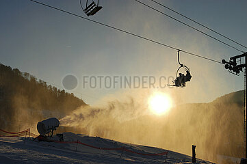 France. Vosges (88) La Bresse ski resort  Vologne chairlift and snow cannon