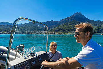 France. Hautes-Alpes (05) Lake of Serre-Poncon. Savines-le-Lac. Cruise on the lake of Serre-Poncon  wooden speedboat (mahogany)