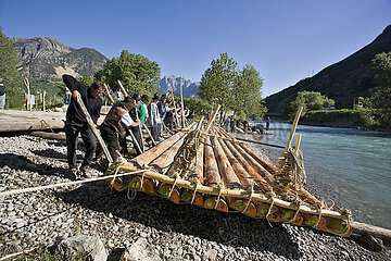 France. Hautes-Alpes (05) L'Argentiere la Bessee  Radeliers of the Durance. Long before the joys of rafting  the mountain dwellers conveyed the cuts of wood by floating thanks to the river La Durance. A high-risk tradition revived by their successors every year in June  on the occasion of the Durance festivals.