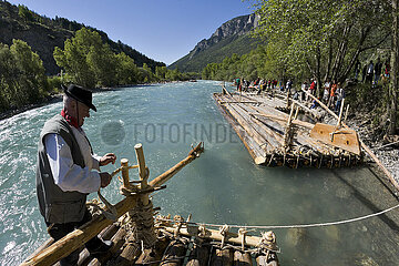 France. Hautes-Alpes (05) L'Argentiere la Bessee  Radeliers of the Durance. Long before the joys of rafting  the mountain dwellers conveyed the cuts of wood by floating thanks to the river La Durance. A high-risk tradition revived by their successors every year in June  on the occasion of the Durance festivals.