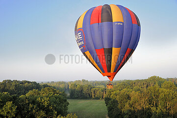 France. Seine-et-Marne (77) Hot air balloon flight (aerial view) of the Loing valley and the forest of Fontainebleau