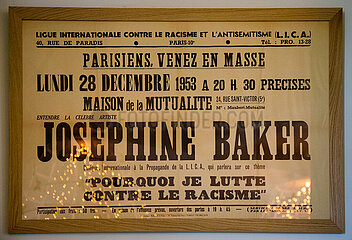 FRANCE. DORDOGNE  PERIGORD NOIR  Castelnaud-la-Chapelle  Chateau des Milandes  former chateau of Josephine Baker  poster for a meeting against racism at the Paris Mutual on December 28  1953 with Josephine Baker