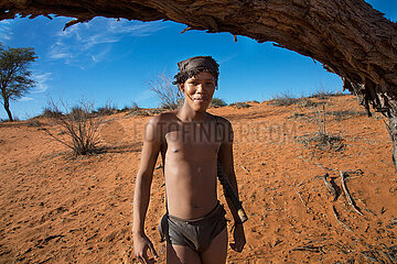 NAMIBIA. Kalahari Desert. Young San  indigenous people of southern Africa. The term San tends to replace Bushman (man of the bush).