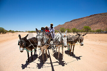 NAMIBIA. Hardap region. Kalahari Desert. Family traveling by cart on the road to Marienthal